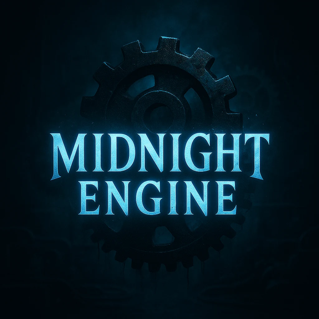 Emblème bleu Midnight Engine sur un engrenage métallique.